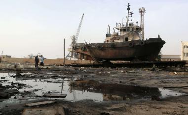 The site of an air strike on the maintenance hub at the Hodeidah port