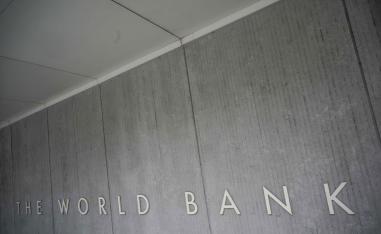 The World Bank Group logo is seen on the building of the Washington-based global development lender