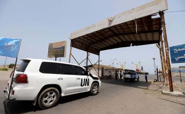 A UN vehicle is seen at Hodeidah port in Hodeidah