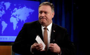 U.S. Secretary of State Mike Pompeo leaves after a briefing on Iran at the State Department in Washington