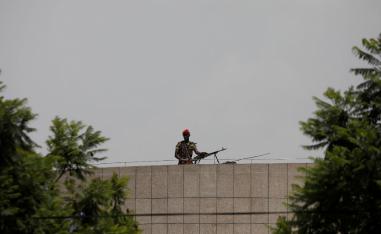 An Ethiopian republican guard is seen during memorial ceremony for the Ethiopian Army Chief of Staff Seare Mekonnen