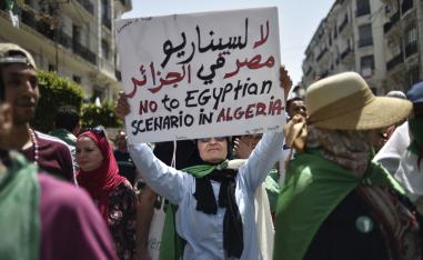 An Algerian woman raises a placard as she takes part in a weekly demonstration in the capital Algiers