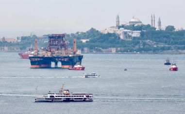 A drilling vessel sails in the Bosporus in Istanbul