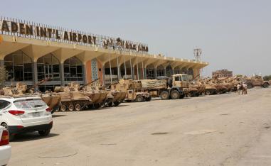 UAE military vehicles are seen at the international airport of Aden