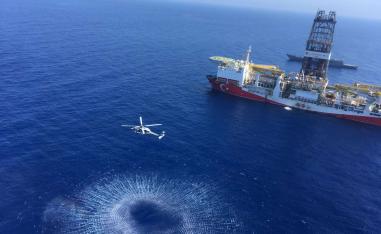 A Turkish Navy warship patrolling next to Turkey’s drilling ship Fatih in the eastern Mediterranean near Cyprus