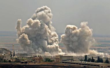 Plumes of smoke rise following reported Syrian government forces' bombardment on the town of Khan Sheikhun