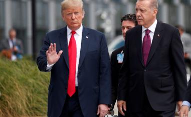 Turkish President Erdogan walks with US President Trump