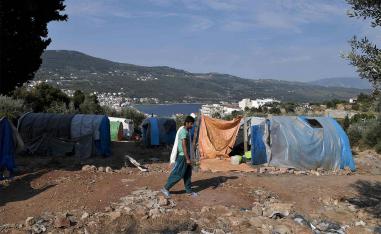 Makeshift refugee camp above the city of Vathy on the island of Samos
