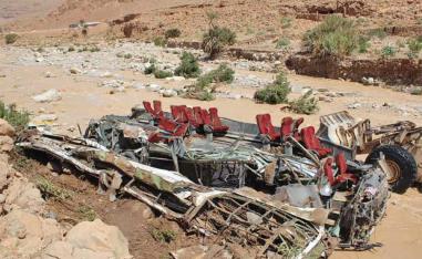 Wreckage of a bus, following a flood-related accident at the Damchan river near the city of Errachidia