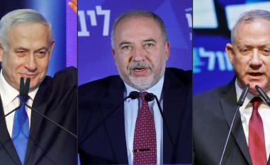 (L to R): Israeli Prime Minister Benjamin Netanyahu, Avigdor Lieberman the leader of the Israeli nationalist Yisrael Beiteinu party, and retired General Benny Gantz
