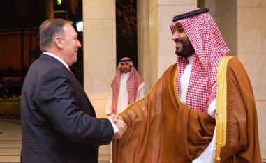 US Secretary of State Mike Pompeo (L) is greeted by Saudi Arabia's Crown Prince Mohammed bin Salman in Jeddah