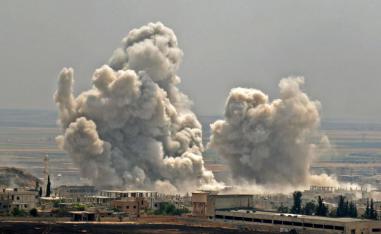 Plumes of smoke rise following reported Syrian government forces' bombardment on the town of Khan Sheikhun
