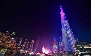 Dubai's Burj Khalifa, the world's tallest building is illuminated during festivities marking the one-year countdown to Expo 2020