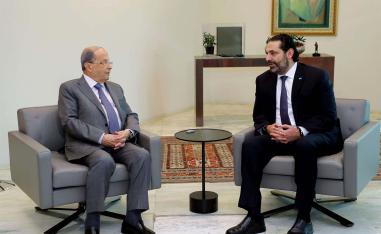 President Michel Aoun (L) meeting with caretaker prime minister Saad Hariri at Baabda presidential palace