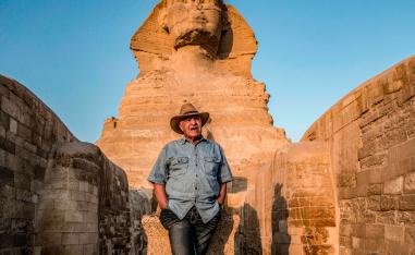 Zahi Hawass, Egyptian archaeologist and former antiquities minister, stands before the Great Sphinx of Giza