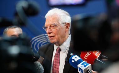 EU foreign policy chief Josep Borrell talks to reporters at the European Parliament in Strasbourg