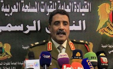 Ahmad al-Mesmari, spokesman for Haftar's forces, addresses the media in the eastern Libyan city of Benghazi