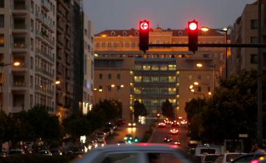 A traffic signal displays a red light in Beirut, Lebanon