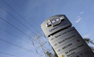 A Denel company logo is seen at the entrance of their business divisions in Pretoria, South Africa