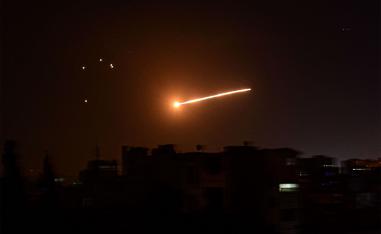 Syrian air defence intercepting an Israeli missile in the sky over the Syrian capital Damascus