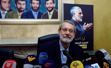 رئيس مجلس الشورى الايراني علي لاريجاني في مؤتمر صحفي في الضاحية الجنوبية في بيروت