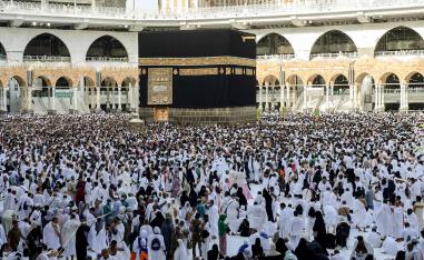 Muslim pilgrims performing the Tawaf al-Ifada at the Grand Mosque in Mecca