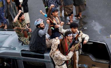 Yemeni Huthi rebels take part in a demonstration