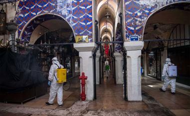 Municipal workers disinfect the iconic Grand Bazaar in Istanbul to prevent the spread of the COVID-19