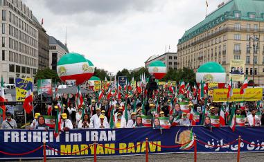 Supporters of Iranian opposition leader Maryam Rajavi and the National Council of Resistance of Iran (NCRI) gather to protest against the death penalty in Iran
