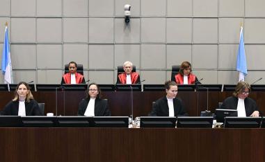 Judge Janet Nosworthy, Presiding Judge David Re and Judge Micheline Braidy attend a session of the UN-backed Special Tribunal for Lebanon 