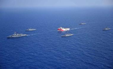 Turkish seismic research vessel 'Oruc Reis' (C) as it is escorted by Turkish Naval ships in the Mediterranean