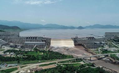 An aerial view Grand Ethiopian Renaissance Dam on the Blue Nile River 