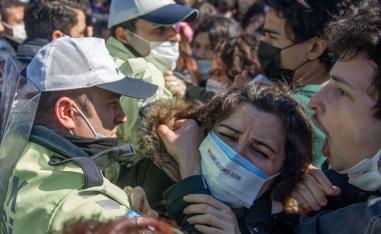 Turkish police block women demonstrating against Turkey's decision to withdraw from the Istanbul Convention at Kadikoy in Istanbul