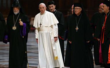 Pope Francis (C) with Lebanon's Christian leaders during a "Short Moment of Prayer, Day of Reflection and Prayer Lebanon" at the Altar of Confession in Saint Peter Basilica in the Vatican