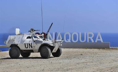 UNIFIL peacekeeping force vehicle patrols in the southern coastal border Lebanese-Israeli town of Naqoura