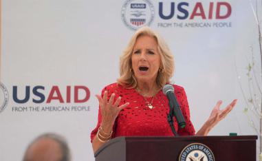 Jill Biden delivering a speech as she visits Ennakhil Association in Marrakech