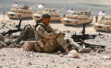 A US soldier takes part in the Eager Lion multinational military manoeuvre in Jordan September 2022