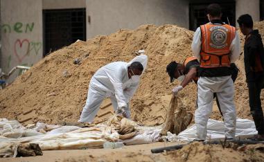 A mass grave found in the Nasser Medical Complex in the southern Gaza Strip