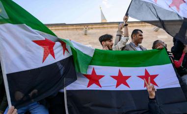 Syrian residents in Turkey hold Syrian flags as they celebrate the end of the Baath rule in Syria 