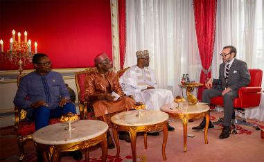 King Mohammed VI meeting with Burkinabe FM Karamoko Jean Marie Traore (L), Niger's FM Bakary Yaou Sangare (2nd-L) and Mali's FM Adboulaye Diop in Rabat 