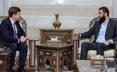 Sharaa receiving Stephen Hickey, the director of the Middle East and North Africa department at Britains Foreign, Commonwealth, and Development Office in Damascus last December