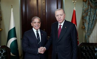 Turkey’s President Tayyip Erdogan shakes hands with Pakistan's Prime Minister Shehbaz Sharif before their meeting in Istanbul