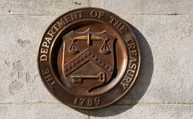 A bronze seal for the Department of the Treasury is shown at the US Treasury building in Washington