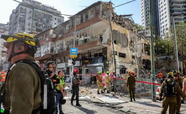 A heavily-damaged building at the site of an Iranian missile attack in Ramat Gan in central Israel near Tel Aviv