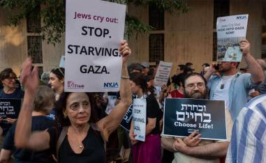 Protesters gather to demand that Israel let more aid into Gaza, outside the Israeli consulate in Manhattan 