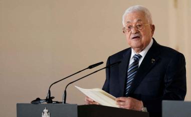 Palestinian Authority President Mahmoud Abbas holds a news conference at Moncloa Palace in Madrid, December 10, 2025. 