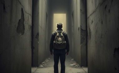 شخص يقف في ممر ضيف مع حقيبة نجاة
