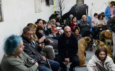 Israelis take cover in a shelter in Tel Aviv