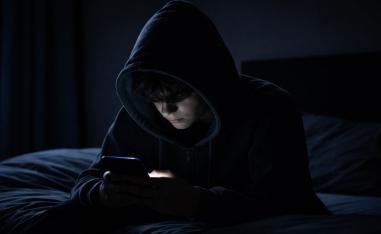 صورة بالذكاء الاصطناعي لمراهق يمسك هاتفه