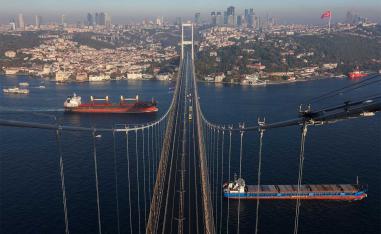 Cargo ships sail through the Black Sea as they are seen from the July 15 Martyrs Bridge, known as the Bosphorus Bridge